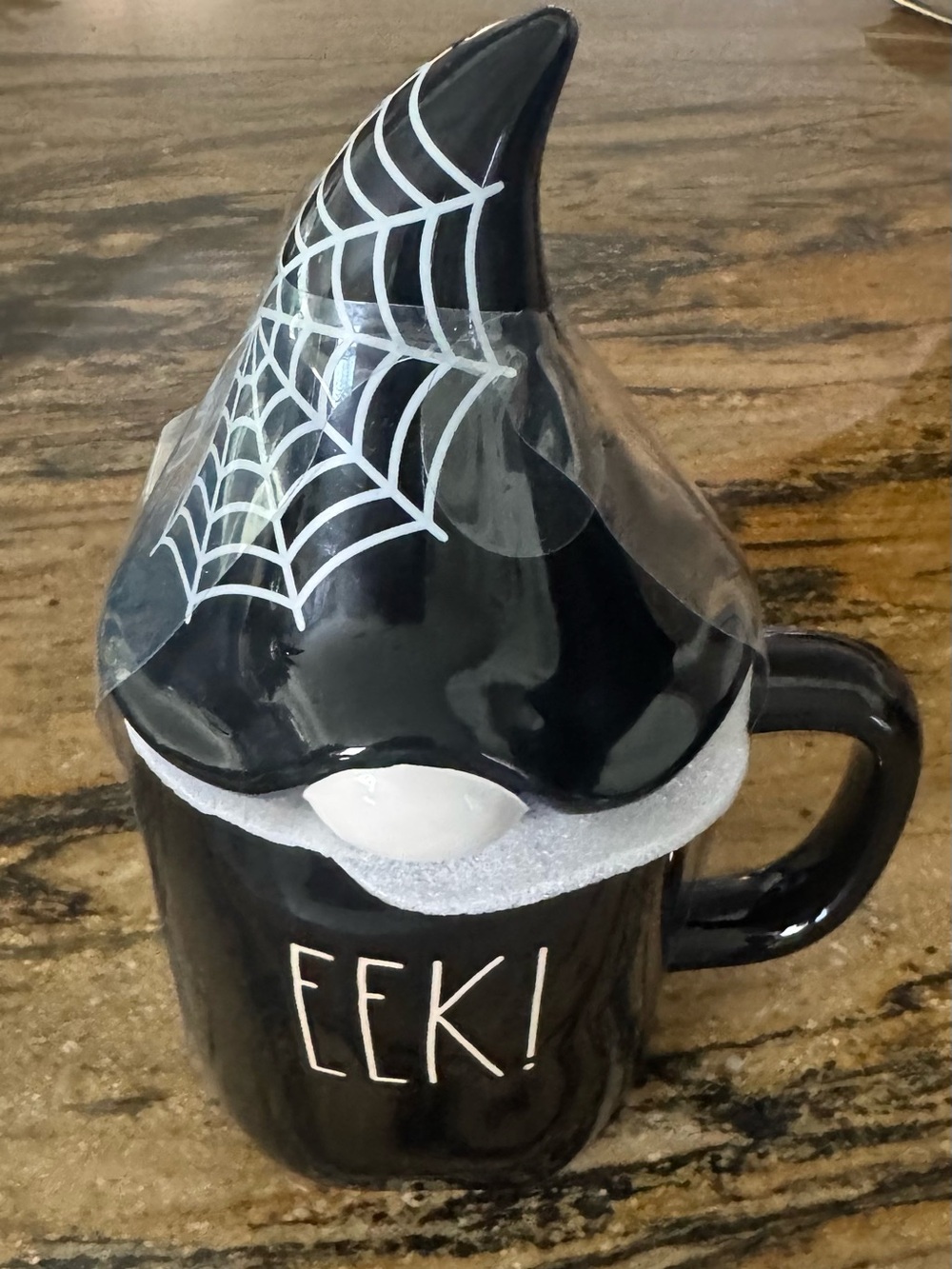 NWT Rae Dunn Halloween EEK! Black Mug with Gnome Spiderweb Topper Lidded